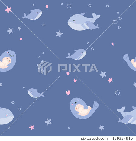 Seamless pattern with cartoon whale and seal families 139334910