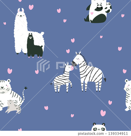 Seamless pattern with cartoon animal families and pink hearts Seamless pattern with cartoon animal families and pink hearts 139334911