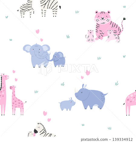 Seamless pattern with cartoon animal families 139334912