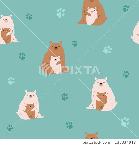 Seamless pattern with cartoon bear families and paw prints Seamless pattern with cartoon bear families and paw prints 139334918