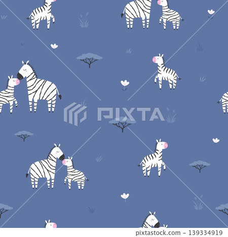 Seamless pattern with cartoon zebra families and acacia trees Seamless pattern with cartoon zebra families and acacia trees 139334919