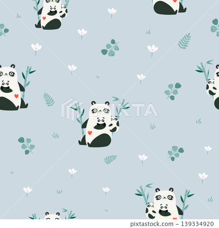 Seamless pattern with cartoon panda families and bamboo on light blue background Seamless pattern with cartoon panda families and bamboo on light blue background 139334920
