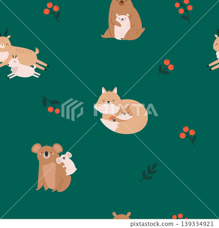 Seamless pattern with cartoon forest animal families 139334921