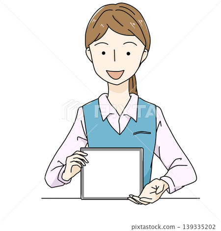 Illustration of a female staff member holding a tablet; reception/guidance/copy space. Illustration of a female staff member holding a tablet; reception/guidance/copy space. 139335202