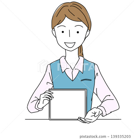 Illustration of a female staff member holding a tablet; reception/guidance/copy space; simple. Illustration of a female staff member holding a tablet; reception/guidance/copy space; simple. 139335203