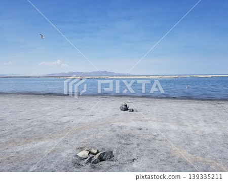 Expansive view of the Great Salt Lake shoreline under a bright blue sky. Expansive view of the Great Salt Lake shoreline under a bright blue sky. 139335211