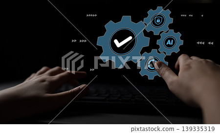 Hands Interacting with Digital Gears and Icons Representing Technology, Automation, and Artificial Intelligence on a Dark Background Gantry Hands Interacting with Digital Gears and Icons Representing Technology, Automation, and Artificial Intelligence on a Dark Background Gantry 139335319