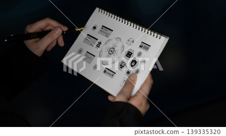 Creative Process of Sketching Unique Graphic Designs for Branding on a Notepad in a Dark Environment with Selective Focus Ledger Creative Process of Sketching Unique Graphic Designs for Branding on a Notepad in a Dark Environment with Selective Focus Ledger 139335320