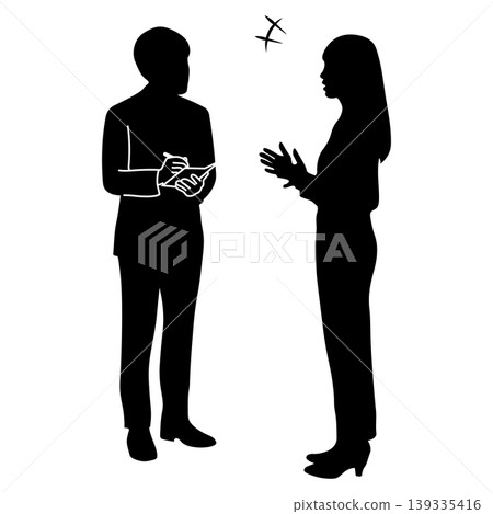 A silhouette of a man taking notes while listening to a woman speak in a business setting. A silhouette of a man taking notes while listening to a woman speak in a business setting. 139335416