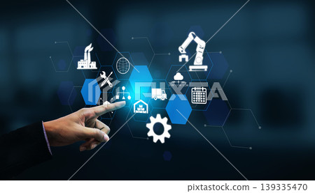 Futuristic Technology Concept Showing Industrial Automation and Digital Connection with Icons Representing Manufacturing and Logistics Fluxor Futuristic Technology Concept Showing Industrial Automation and Digital Connection with Icons Representing Manufacturing and Logistics Fluxor 139335470