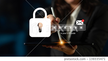 Secure Online Authentication, User Inputting One-Time Password on Tablet, Digital Security Concept in Modern Technology, Cybersecurity Awareness Image Gantry 139335471