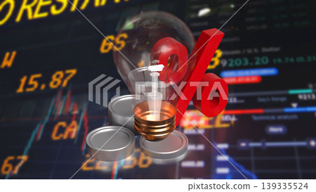 Interest Rate And Financial Innovation Concept With Percent Symbol Light Bulb And Stock Market Background 3d render. Interest Rate And Financial Innovation Concept With Percent Symbol Light Bulb And Stock Market Background 3d render. 139335524