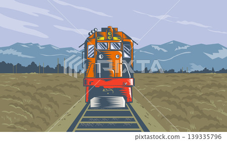 Train Traveling Front With Mountains Retro WPA Train Traveling Front With Mountains Retro WPA 139335796