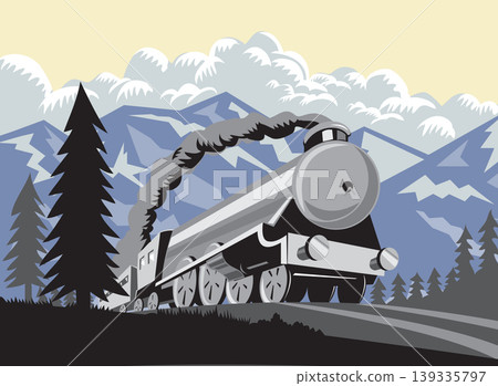 Steam Train in the Rocky Mountains Colorado USA Woodcut Retro Art Steam Train in the Rocky Mountains Colorado USA Woodcut Retro Art 139335797