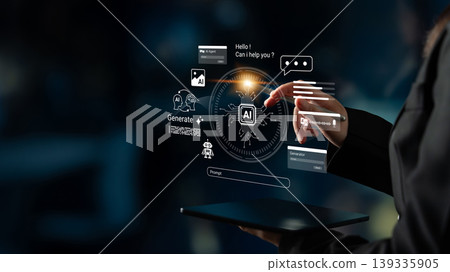 Hand Interacting with Futuristic AI Technology Display Showing Chatbot Interface and Interactive Elements for Digital Communication Ledger 139335905