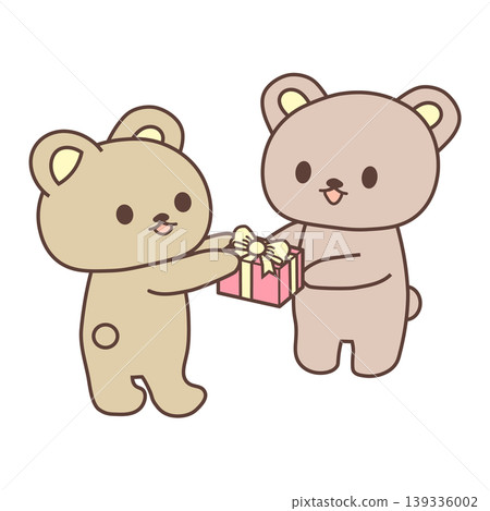 Colorful illustration of friendly bears exchanging gifts. Suitable for birthday message cards and web illustrations. Colorful illustration of friendly bears exchanging gifts. Suitable for birthday message cards and web illustrations. 139336002
