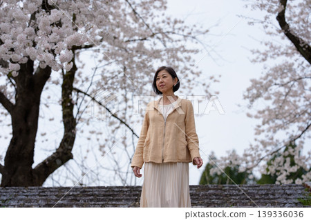 Senior women going up and down the stairs in a park in spring. Senior women going up and down the stairs in a park in spring. 139336036