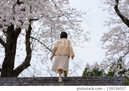 Senior women going up and down the stairs in a park in spring. Senior women going up and down the stairs in a park in spring. 139336037