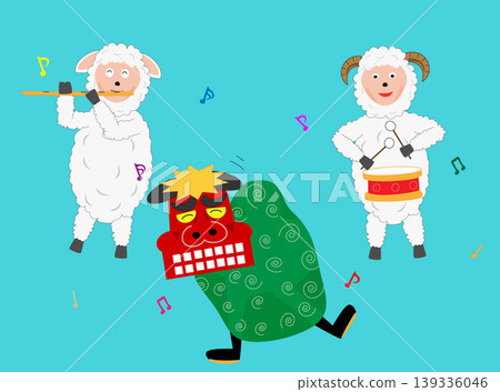 2027年(令和9年)新年賀卡插圖素材。一隻羊在表演舞獅。 2027年(令和9年)新年賀卡插圖素材。一隻羊在表演舞獅。 139336046
