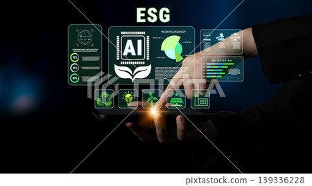 Futuristic Hand Interacting with Digital ESG Symbols Representing Sustainability, AI Technology, and Environmental Awareness Quark Futuristic Hand Interacting with Digital ESG Symbols Representing Sustainability, AI Technology, and Environmental Awareness Quark 139336228