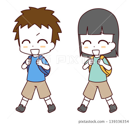 一幅男孩和女孩背著背包外出的插圖。 一幅男孩和女孩背著背包外出的插圖。 139336354