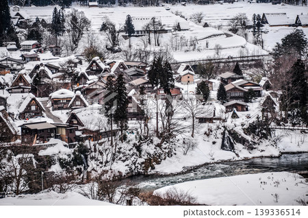 A view of the snow-covered Shirakawa-go Gassho Village from the observation deck of Shiroyama Castle Tower. A view of the snow-covered Shirakawa-go Gassho Village from the observation deck of Shiroyama Castle Tower. 139336514