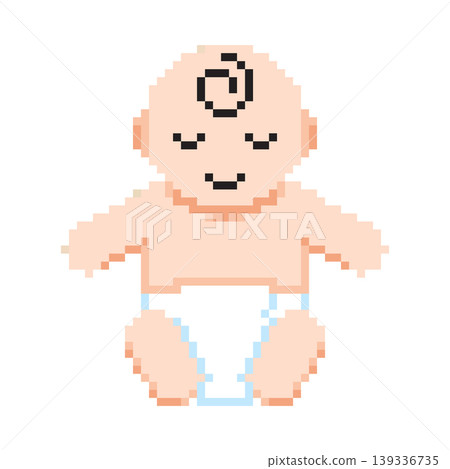 Pixel art of a cute newborn baby wearing a white diaper, sitting and smiling. Vector illustration. Pixel art of a cute newborn baby wearing a white diaper, sitting and smiling. Vector illustration. 139336735
