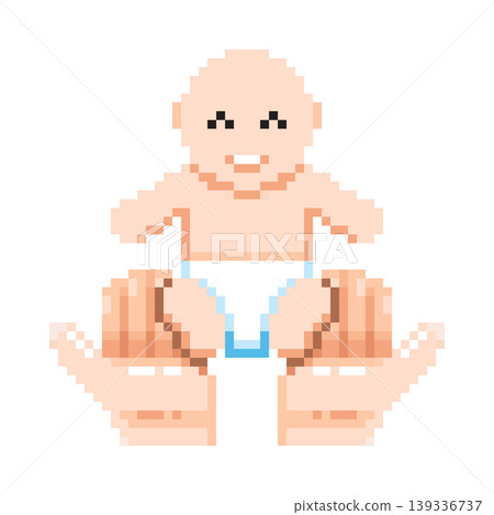 Pixel art of a tiny baby being carefully held and supported by two large adult hands. Vector illustration. 139336737