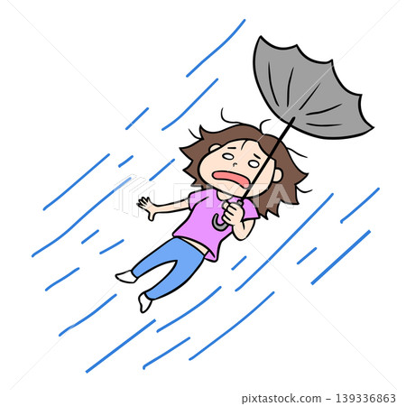 A comical woman whose umbrella has been turned inside out and blown into the air by the strong winds of a typhoon. A comical woman whose umbrella has been turned inside out and blown into the air by the strong winds of a typhoon. 139336863