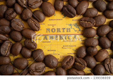 Bangkok, Thailand March 12, 2023 Coffee bean on world map, shopping online for export or import. 139336939
