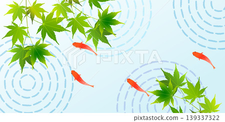 A refreshing Japanese-style summer background featuring green maple leaves and swimming goldfish. A refreshing Japanese-style summer background featuring green maple leaves and swimming goldfish. 139337322