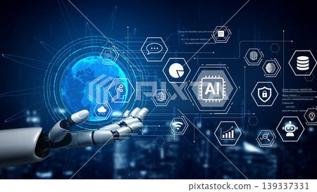Futuristic Robotic Hand Interacting with Digital Globe and Technology Icons Representing Artificial Intelligence, Data Analytics, and Global Connectivity Gluon Futuristic Robotic Hand Interacting with Digital Globe and Technology Icons Representing Artificial Intelligence, Data Analytics, and Global Connectivity Gluon 139337331