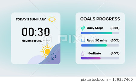 Daily Goals Progress And Today's Summary Dashboard With Timer, Habit Tracker And Wellness Indicators Daily Goals Progress And Today's Summary Dashboard With Timer, Habit Tracker And Wellness Indicators 139337460