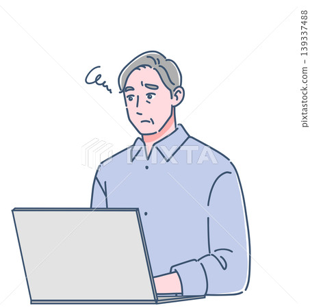 一位表情憂慮的中年男子正在使用電腦。 139337488