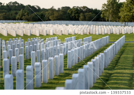 American army national cemetery with rows of white headstones on green grass lawn. Memorial Day concept American army national cemetery with rows of white headstones on green grass lawn. Memorial Day concept 139337533