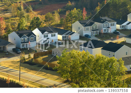 Aerial view of tightly packed homes in South Carolina residential area. New family houses as example of real estate development in american suburbs Aerial view of tightly packed homes in South Carolina residential area. New family houses as example of real estate development in american suburbs 139337558