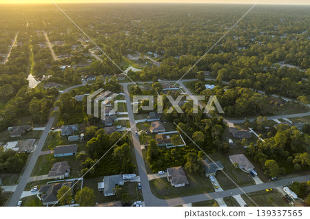 Aerial view of suburban landscape with private homes between green palm trees in Florida quiet residential area Aerial view of suburban landscape with private homes between green palm trees in Florida quiet residential area 139337565