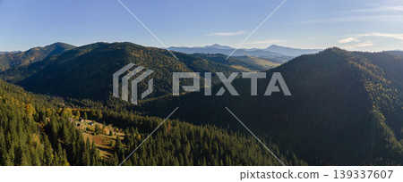 Aerial view of high hills with dark pine forest trees at autumn bright day. Amazing scenery of wild mountain woodland 139337607