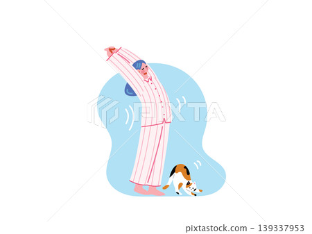 一幅描繪一位女士早上起床，晚上穿著睡衣睡覺的插圖。 139337953