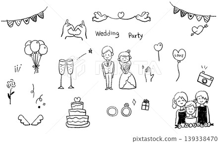 一組簡潔可愛的手繪婚禮線條插畫。 一組簡潔可愛的手繪婚禮線條插畫。 139338470