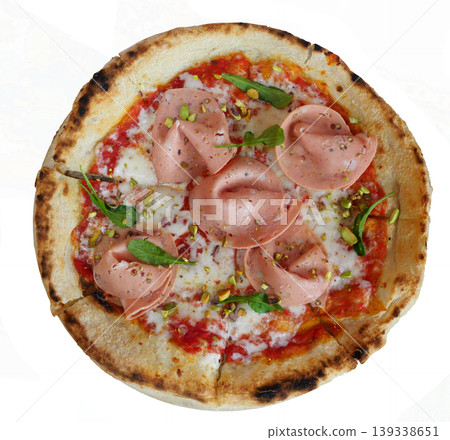 Top view of Italian sausage pizza with ham and mozzarella cheese isolated on white background 139338651