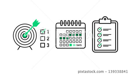 Business Goal Planning Icons Target, 30-Day Calendar and Checklist for Productivity and Habit Tracking Business Goal Planning Icons Target, 30-Day Calendar and Checklist for Productivity and Habit Tracking 139338841