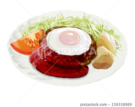 Hamburger steak topped with a fried egg (with ketchup sauce) and served with a salad. Hamburger steak topped with a fried egg (with ketchup sauce) and served with a salad. 139338989