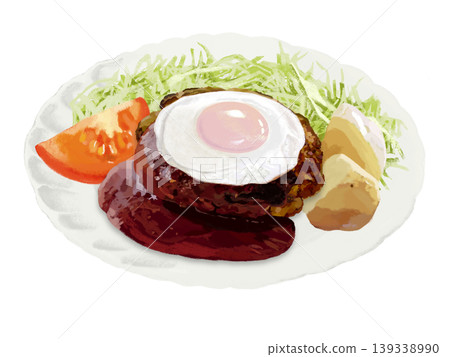 Hamburger steak topped with a fried egg (with demi-glace sauce) and served with a salad. Hamburger steak topped with a fried egg (with demi-glace sauce) and served with a salad. 139338990