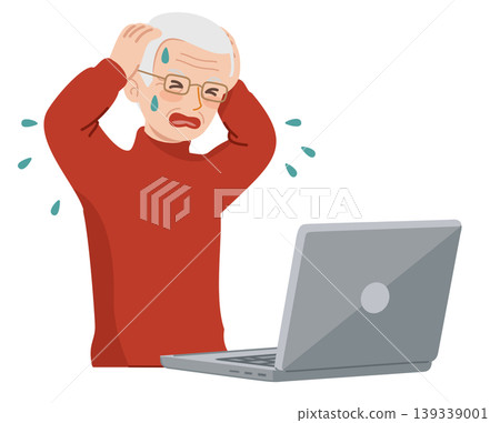 一位老年人正在操作筆記型電腦;他的表情顯示出焦慮和恐慌。 一位老年人正在操作筆記型電腦;他的表情顯示出焦慮和恐慌。 139339001