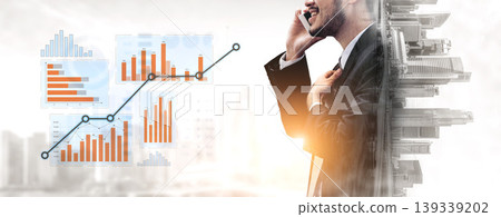 Businessman on Phone with Graphs and Charts Indicating Growth, Urban Background, Professional Environment, Office Building, Success, Technology Scalp 139339202