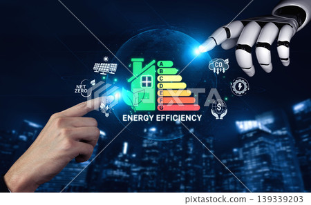 Innovative Technology and Energy Efficiency Concepts Featuring Human Hand and Robotic Arm Touching Energy Symbols Sigmoid. Innovative Technology and Energy Efficiency Concepts Featuring Human Hand and Robotic Arm Touching Energy Symbols Sigmoid. 139339203