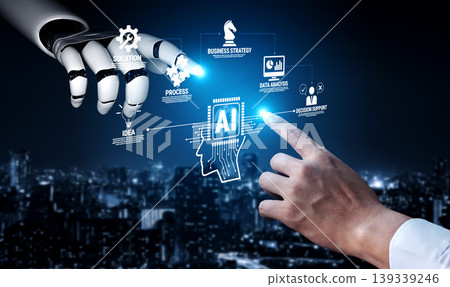 Futuristic Collaboration Between Human Hand and Robot Arm with AI Concept Over Cityscape Background Quark Futuristic Collaboration Between Human Hand and Robot Arm with AI Concept Over Cityscape Background Quark 139339246