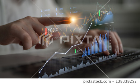 Business Analytics Concept with Finger Pointing at Graphs, Stock Market Trends, Financial Data Visualization, Investment Strategies and Performance Metrics Scalp 139339252