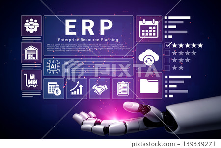 Futuristic robotic hand displaying detailed interface of Enterprise Resource Planning for modern business management and technology integration Ledger 139339271